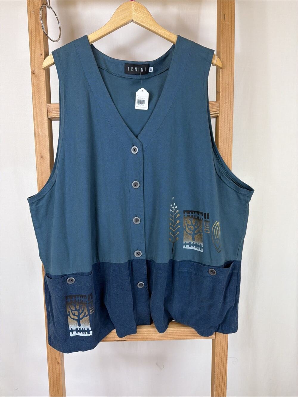 Fenini Blue Button Up Art To Wear Vest #1219 Size 1X USA Made